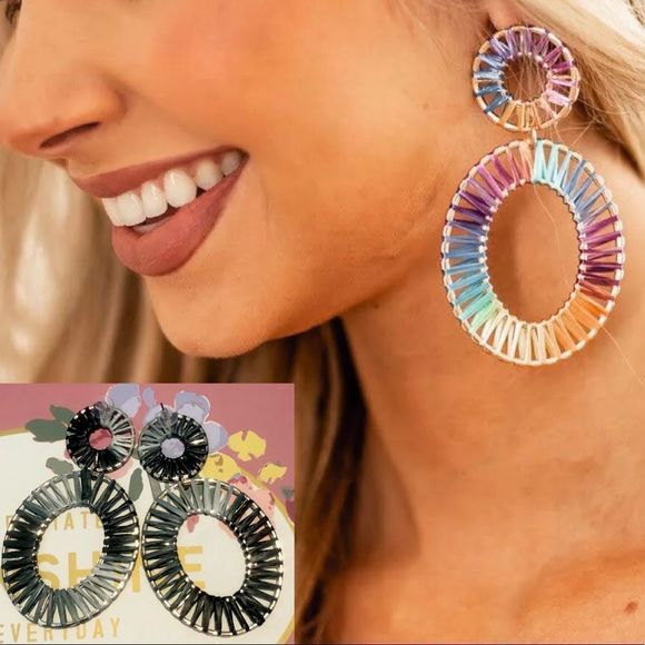 New Handmade Anchored Raffia Rattan Oval Drop Statement Earrings Black & Gray - Picture 1 of 6